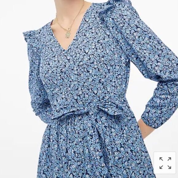 J. Crew Factory Blue Floral Ruffle Shoulder Puff Sleeve V Neck Mini Dress - Picture 4 of 16
